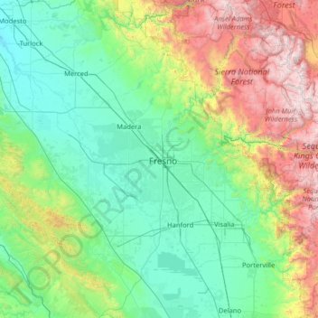 Topografische Karte Fresno County, Höhe, Relief