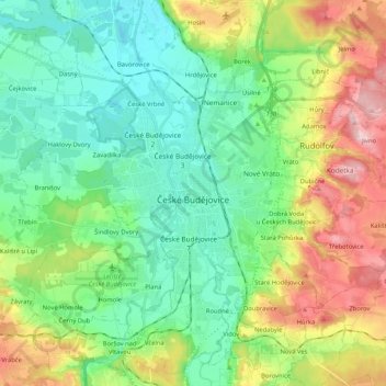 Topografische Karte Budweis, Höhe, Relief