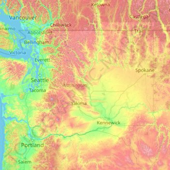 Topografische Karte Washington, Höhe, Relief