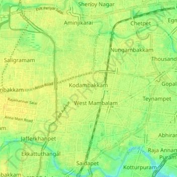 Topografische Karte Zone 10 Kodambakkam, Höhe, Relief