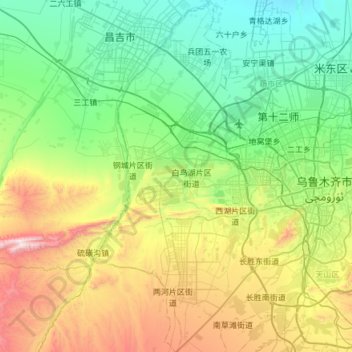 Topografische Karte 头屯河区, Höhe, Relief