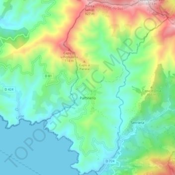 Topografische Karte Partinello, Höhe, Relief