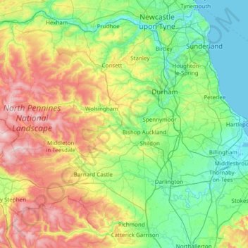 Topografische Karte County Durham, Höhe, Relief