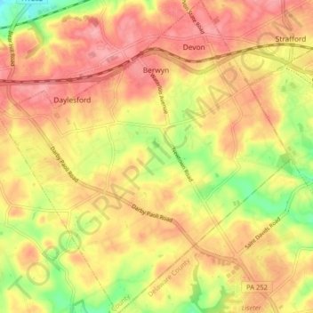 Topografische Karte Easttown Township, Höhe, Relief