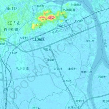 Topografische Karte 江海区, Höhe, Relief
