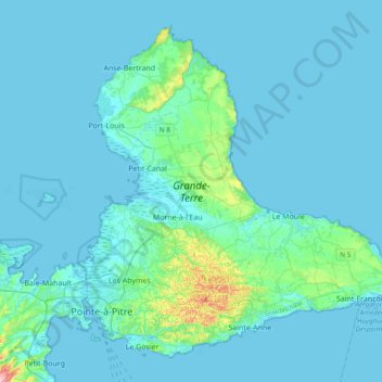 Topografische Karte Grande-Terre, Höhe, Relief