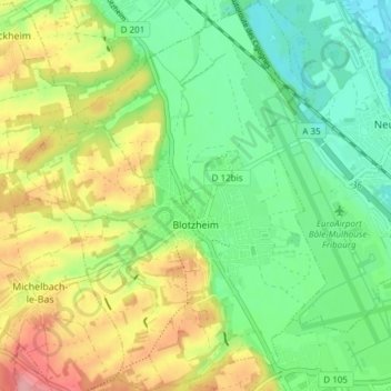 Topografische Karte Blotzheim, Höhe, Relief