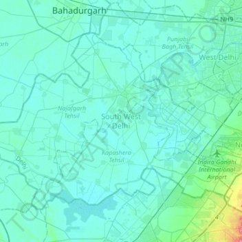 Topografische Karte South West Delhi, Höhe, Relief