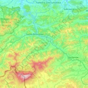Topografische Karte powiat suski, Höhe, Relief