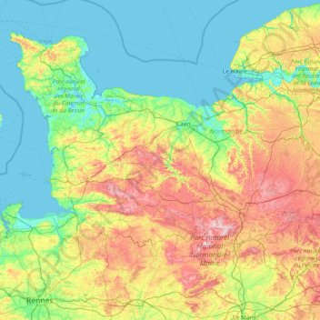 Topografische Karte Niedernormandie, Höhe, Relief