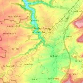 Topografische Karte Rothenburg ob der Tauber, Höhe, Relief
