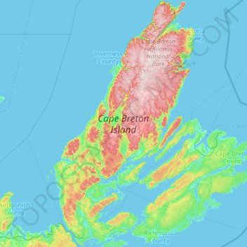 Topografische Karte Cape Breton Island, Höhe, Relief