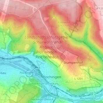 Topografische Karte Plochingen, Höhe, Relief