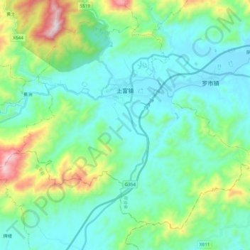 Topografische Karte 上富镇, Höhe, Relief