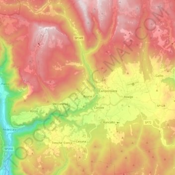 Topografische Karte Roana, Höhe, Relief
