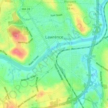 Topografische Karte Lawrence, Höhe, Relief