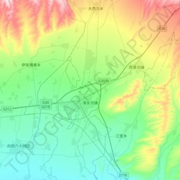 Topografische Karte 清水河镇, Höhe, Relief
