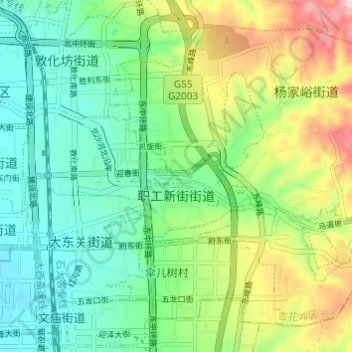 Topografische Karte 职工新街街道, Höhe, Relief