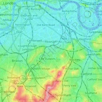 Topografische Karte London Borough of Southwark, Höhe, Relief