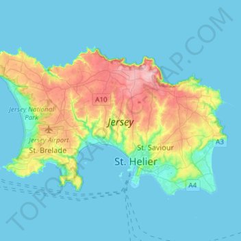 Topografische Karte Jersey, Höhe, Relief