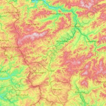 Topografische Karte Kreis Olpe, Höhe, Relief