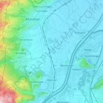 Topografische Karte Oberriet, Höhe, Relief