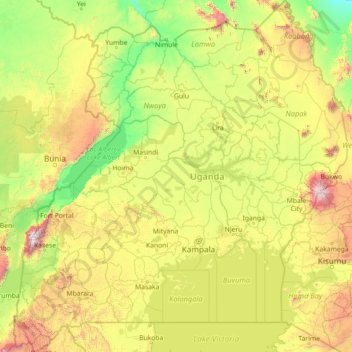 Topografische Karte Uganda, Höhe, Relief