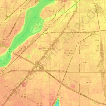 Topografische Karte Rossford, Höhe, Relief