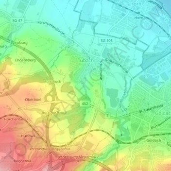 Topografische Karte Tübach, Höhe, Relief
