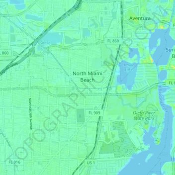 Topografische Karte North Miami Beach, Höhe, Relief