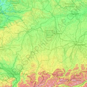 Topografische Karte Schwaben, Höhe, Relief