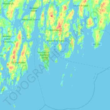 Topografische Karte Boothbay, Höhe, Relief