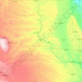 Topografische Karte Süd-Dakota, Höhe, Relief
