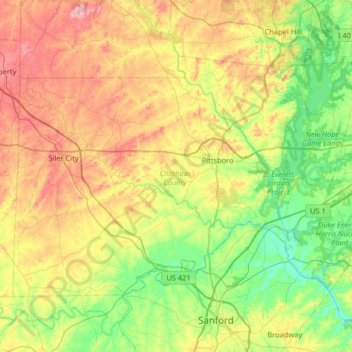 Topografische Karte Chatham County, Höhe, Relief