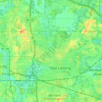 Topografische Karte East Lansing, Höhe, Relief