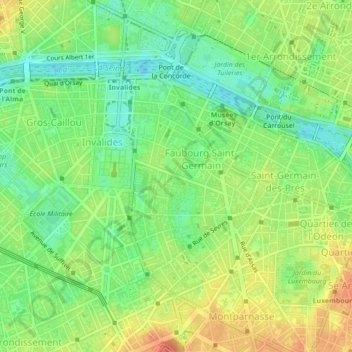 Topografische Karte Paris 7e Arrondissement, Höhe, Relief