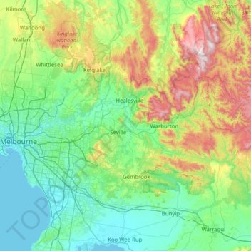 Topografische Karte Yarra River, Höhe, Relief
