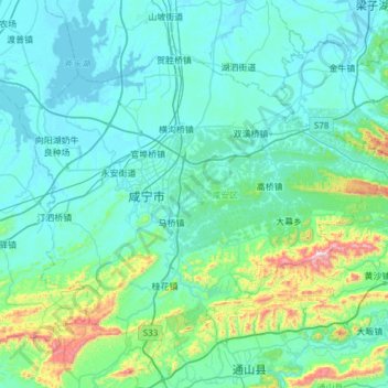 Topografische Karte 咸安区, Höhe, Relief
