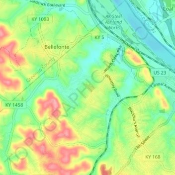 Topografische Karte Westwood, Höhe, Relief