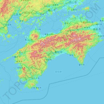 Topografische Karte Shikoku, Höhe, Relief