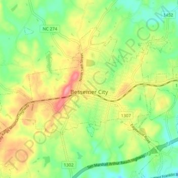Topografische Karte Bessemer City, Höhe, Relief