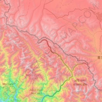 Topografische Karte Eastern Kumaon Himalaya, Höhe, Relief
