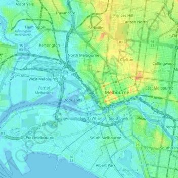 Topografische Karte Melbourne, Höhe, Relief