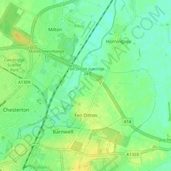 Topografische Karte Fen Ditton, Höhe, Relief