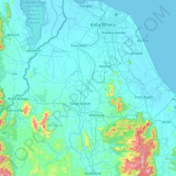 Topografische Karte Kelantan River, Höhe, Relief
