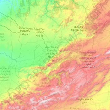 Topografische Karte Béni Mellal-Khénifra ⴰⵢⵜ ⵎⵍⵍⴰⵍ-ⵅⵏⵉⴼⵕⴰ بني ملال-خنيفرة, Höhe, Relief