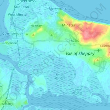 Topografische Karte Minster-on-Sea, Höhe, Relief