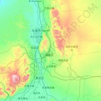 Topografische Karte 乌海市, Höhe, Relief