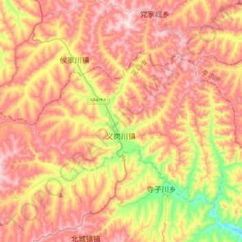 Topografische Karte 义岗川镇, Höhe, Relief