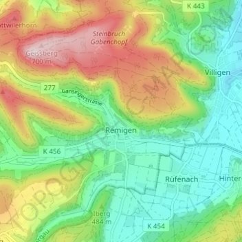 Topografische Karte Remigen, Höhe, Relief